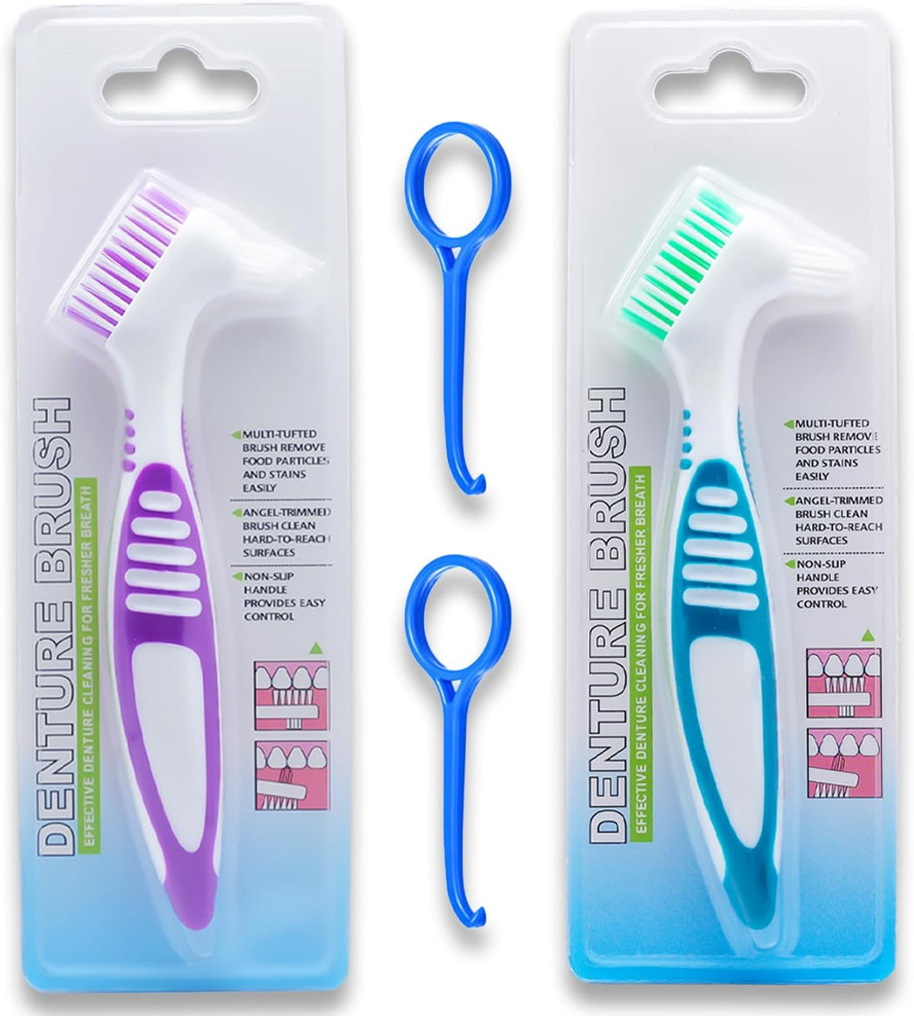 New Blessing 2 Pack Denture Brushes, Double-Sided Cleaning Brushes for False Teeth, Non-Slip Handle Dental Appliance Cleaner (2 Colors)