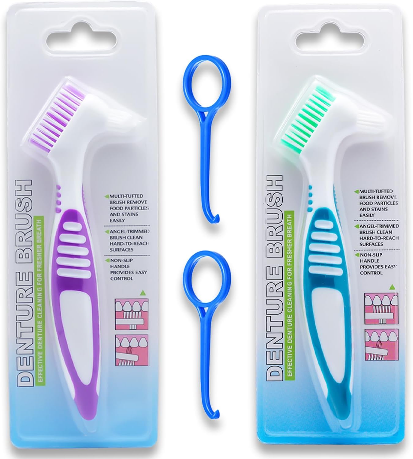 New Blessing 2 Pack Denture Brushes, Double-Sided Cleaning Brushes for False Teeth, Non-Slip Handle Dental Appliance Cleaner (2 Colors)
