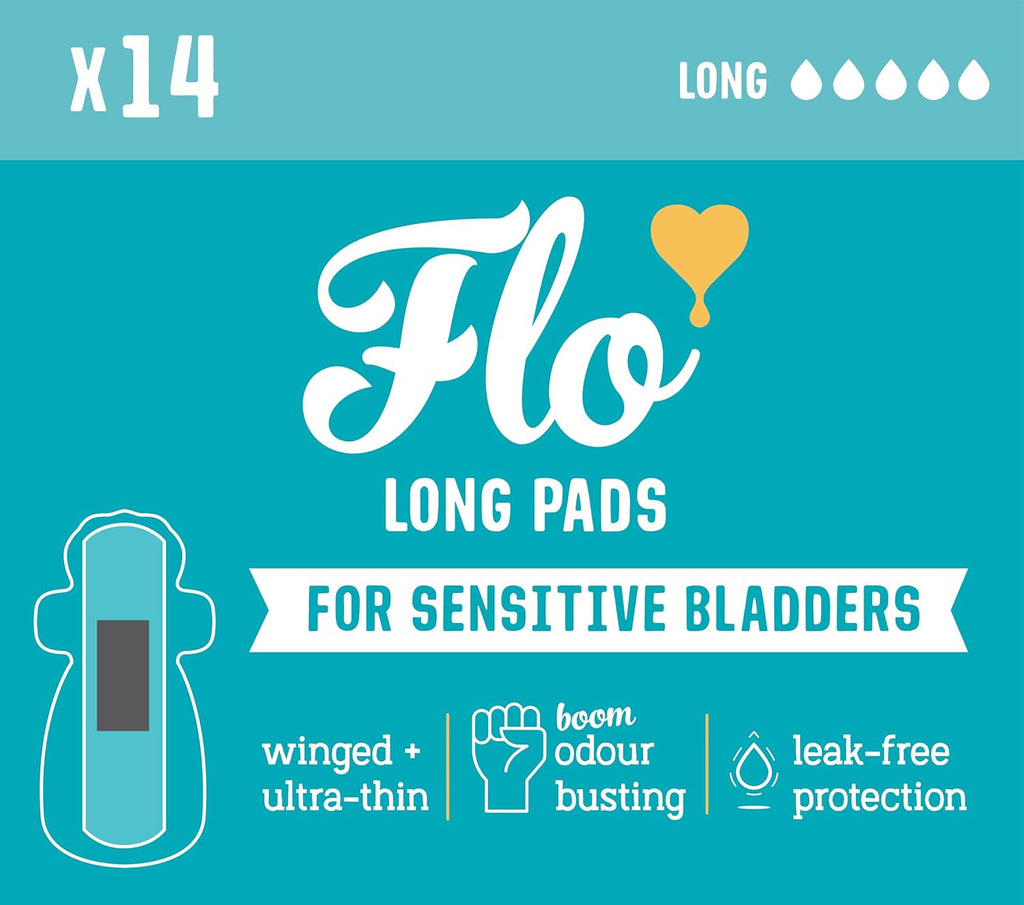 Flo - Sensitive Bladder Long Pads (14 Pack) - Wrapped, Ultra-Thin - Absorbent, Soft, Breathable - Charcoal Core - Made with Organic Bamboo - Incontinence Pads for Women - Vegan & Cruelty Free