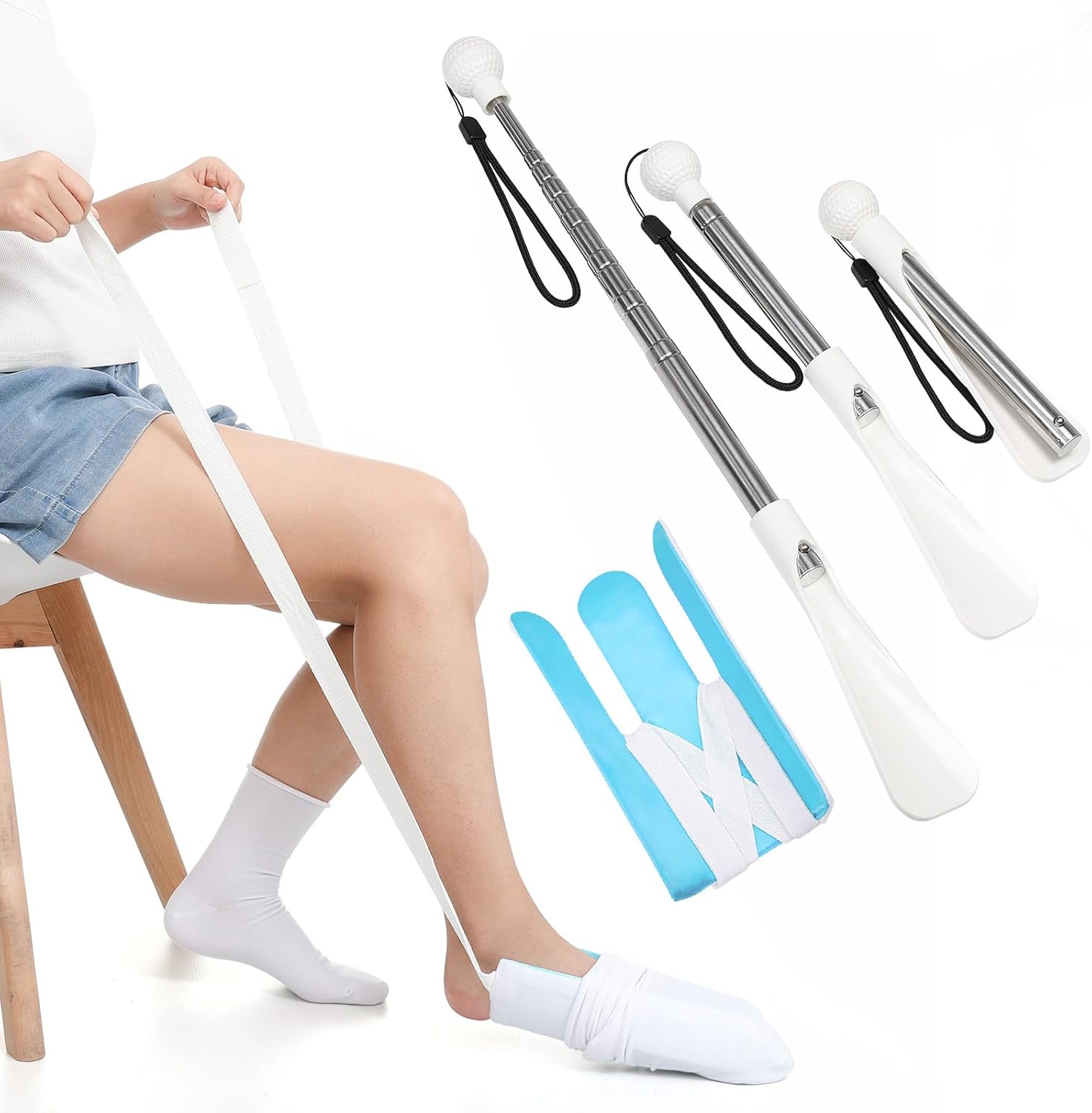 Fanwer Sock Aid Kit -Sock Aide Device for Seniors with Adjustable Shoe Horn, Flexible Sock Helper Easy On Easy Off, Sock Assist Device for Elderly, Pregnant, Hip Surgery Recovery Aids for Daily Living