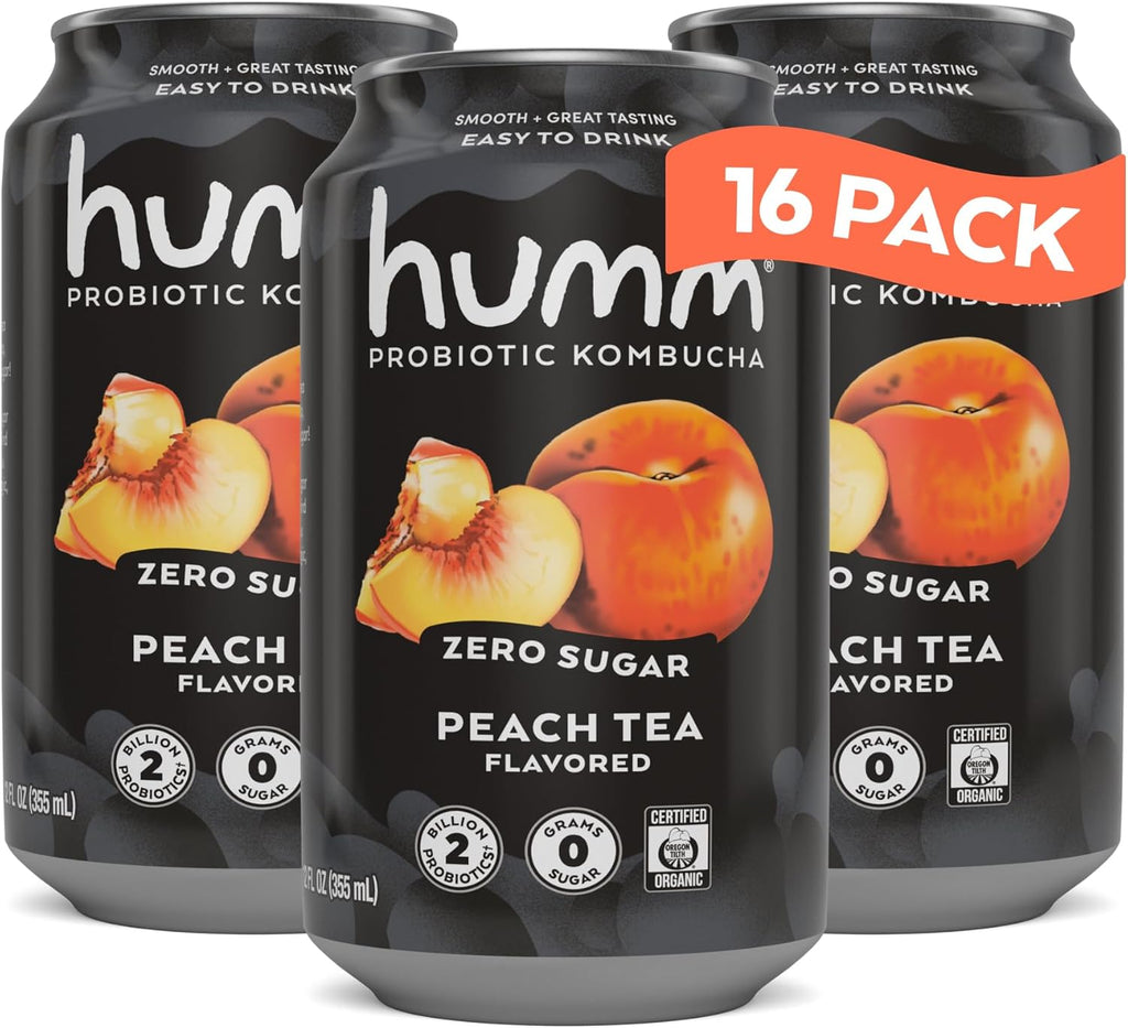 Humm Probiotic Kombucha Zero Sugar Peach Tea, No Refrigeration Needed, Keto Friendly, Organic, Vegan, Gluten Free, 12oz Cans (16 Pack)