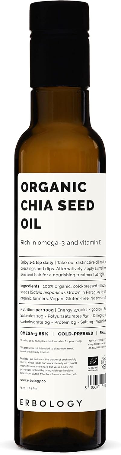 Erbology Organic Chia Seed Oil 8.5 fl oz - Cold-Pressed - Rich in Omega-3 (66%) and Vitamin E (330% RI) - No Additives or Preservatives - Sustainably Sourced - Vegan - GMO-Free