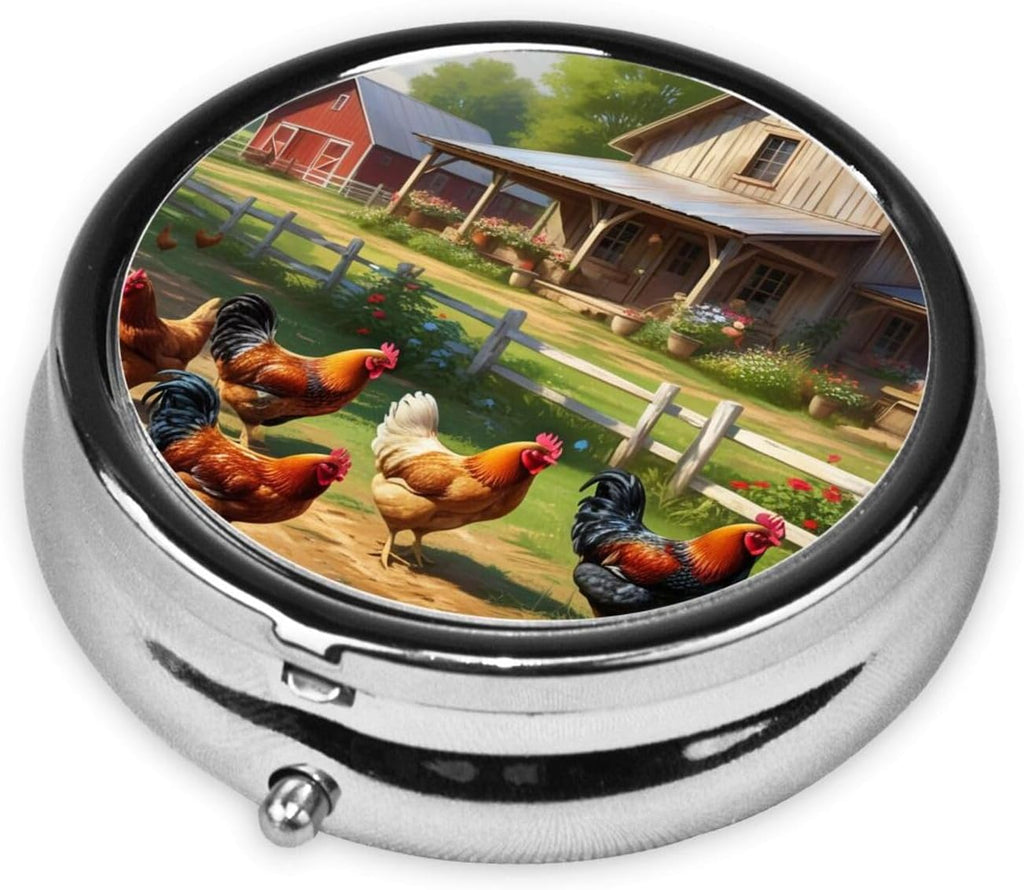 ZhongGuo Chickens and Farm Printed Pill Organizer,Round Travel Pill Organizer Mini Medicine Pill Box for Purse Iron Plating