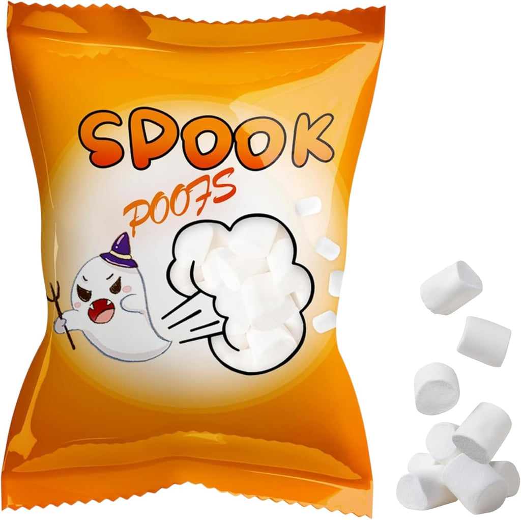 4E's Novelty 24 Pack Halloween Mini Marshmallows - Spook Poof - Indvidually Wrapped Vanilla Flavor - Halloweens Candy for Kids in Bulk, Snacks for Trick or Treat, 17 Marshmallows in Each Bag