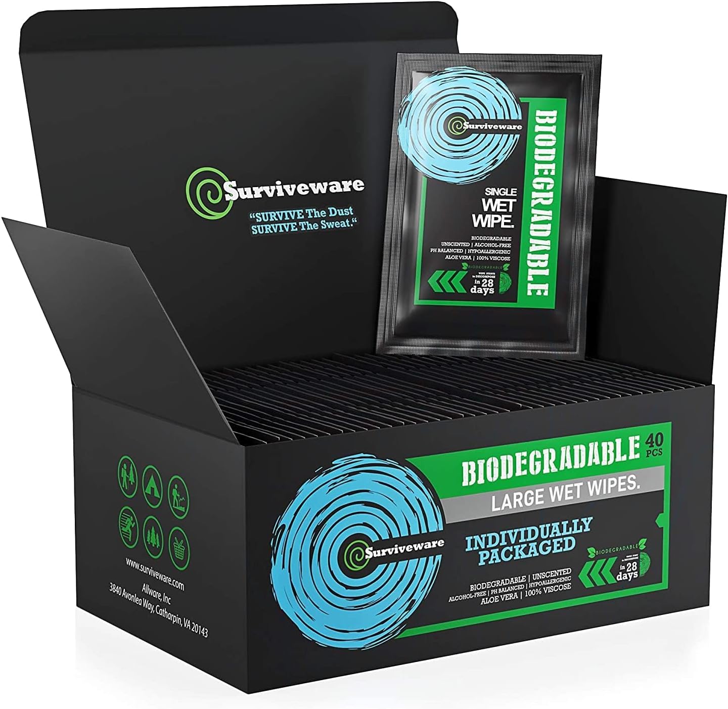 Surviveware Biodegradable Wipes Men or Women - Shower Wet Wipes Face, Body & Butt - Outdoors, Travel, Camping & Post Workout - Total of 40 Wipes - 1 Count, Pack of 40