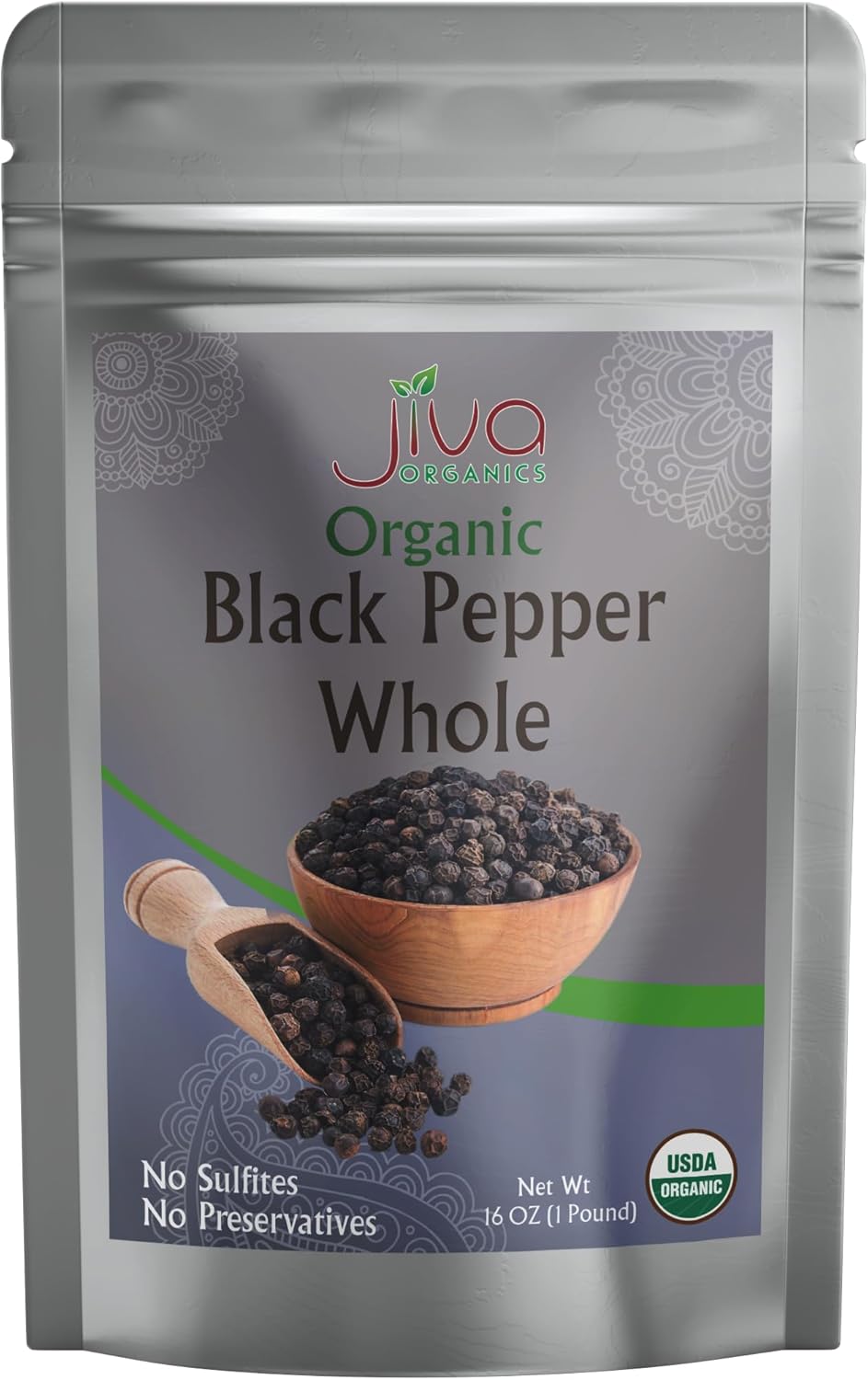 Jiva Organics Organic Whole Black Peppercorns 1 Pound - Pepper, Premium Grade for Grinder Refill
