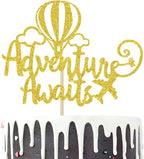 Adventure Awaits Cake Topper, Congrats Grad/New Chapter Cake Topper, 2026 Graduation/Retirement/Bon Voyage/Baby Shower/Moving Party/Travel Theme Party Decorations Supplies, Gold Glitter