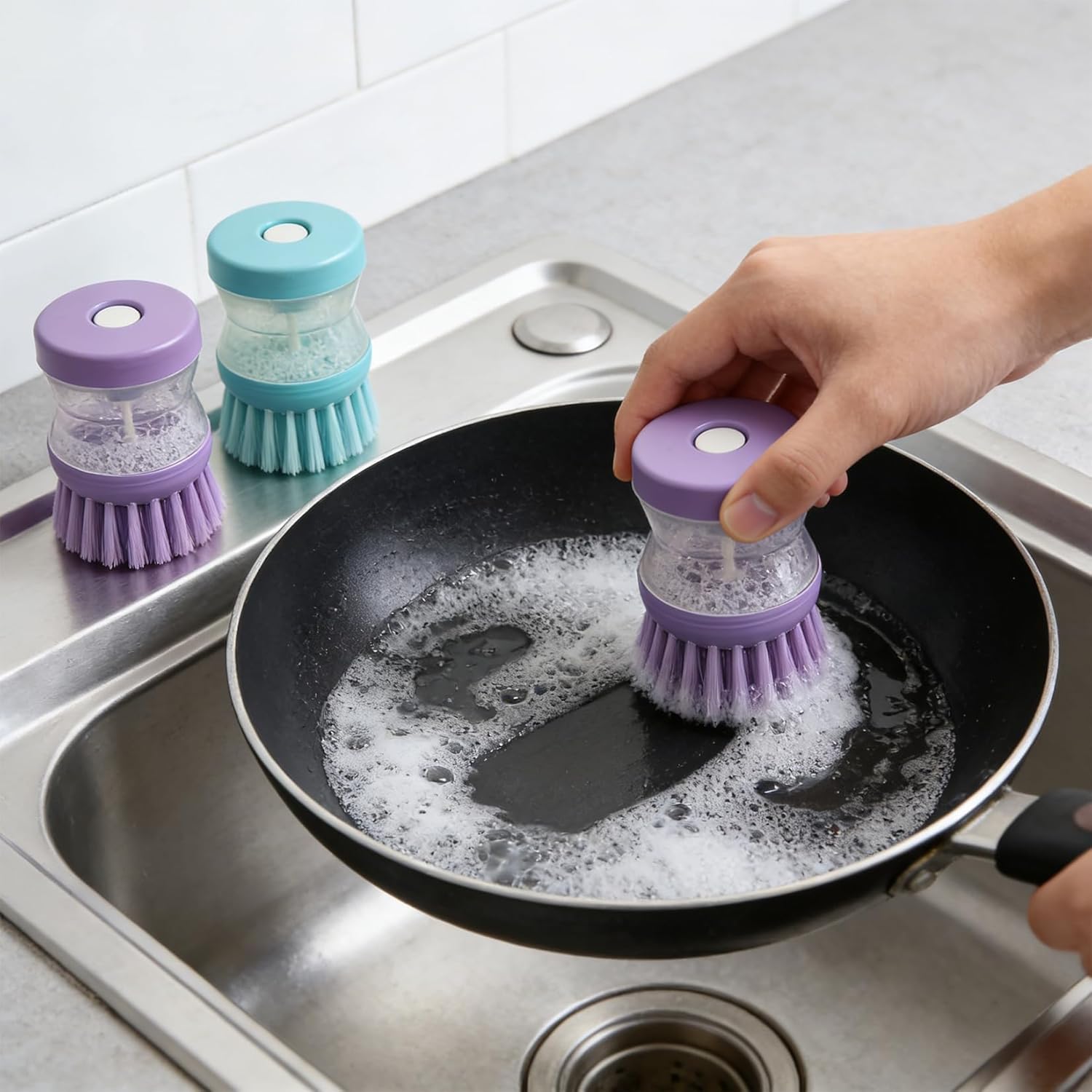 2 Pack Soap Dispensing Dish Brush, Kitchen Scrub Brush with Liquid Dispenser, Non-Scratch Palm Scrubber for Pots Pans Sinks, Durable Bristles Cleaning Tool, Green & Purple (Colors May Vary)