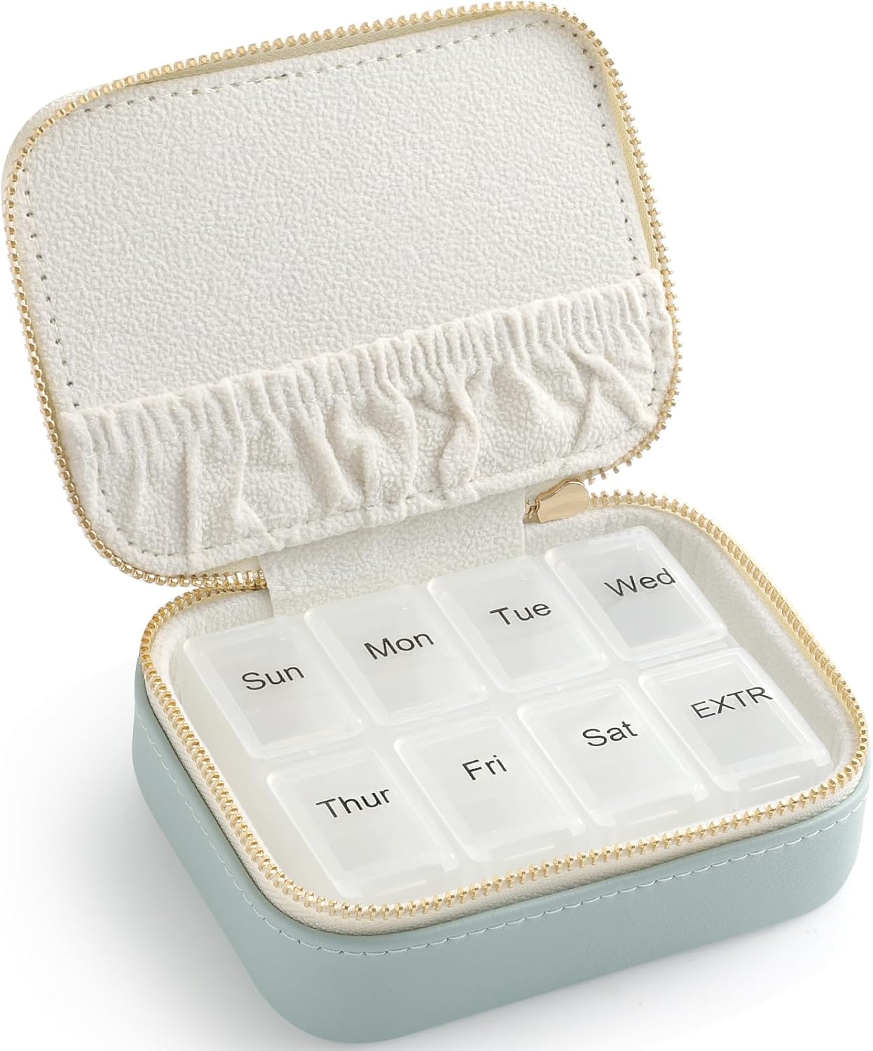 Genuine Leather Travel Pill Organizer Box Case 1 Times a Day for Purse for Women, Cute Medicine Pill Holder Containers for Vitamin Small Weekly Daily 7 Day Am Pm Pill Organizer(Cyan)
