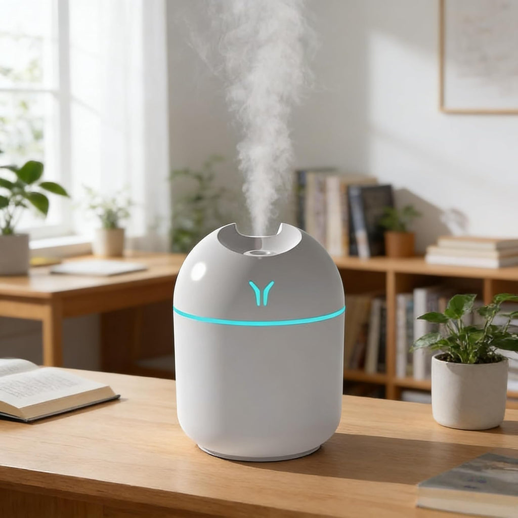 Portable Humidifier and Essential Oil Diffuser, 250ML 2-in-1 Cool Mist USB Aroma Diffuser, Small Quiet Air Humidifier for Bedroom, Car, Office, Travel (White)