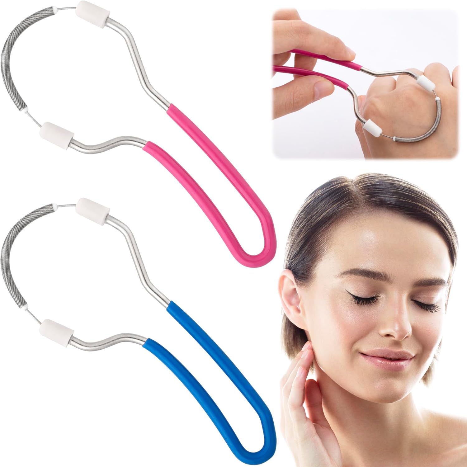 2pcs Manual Facial Hair Remover, Portable Stainless Steel Spring Epilator, Mild Facial Threading Hair Remover for Women Men - Blue, Pink
