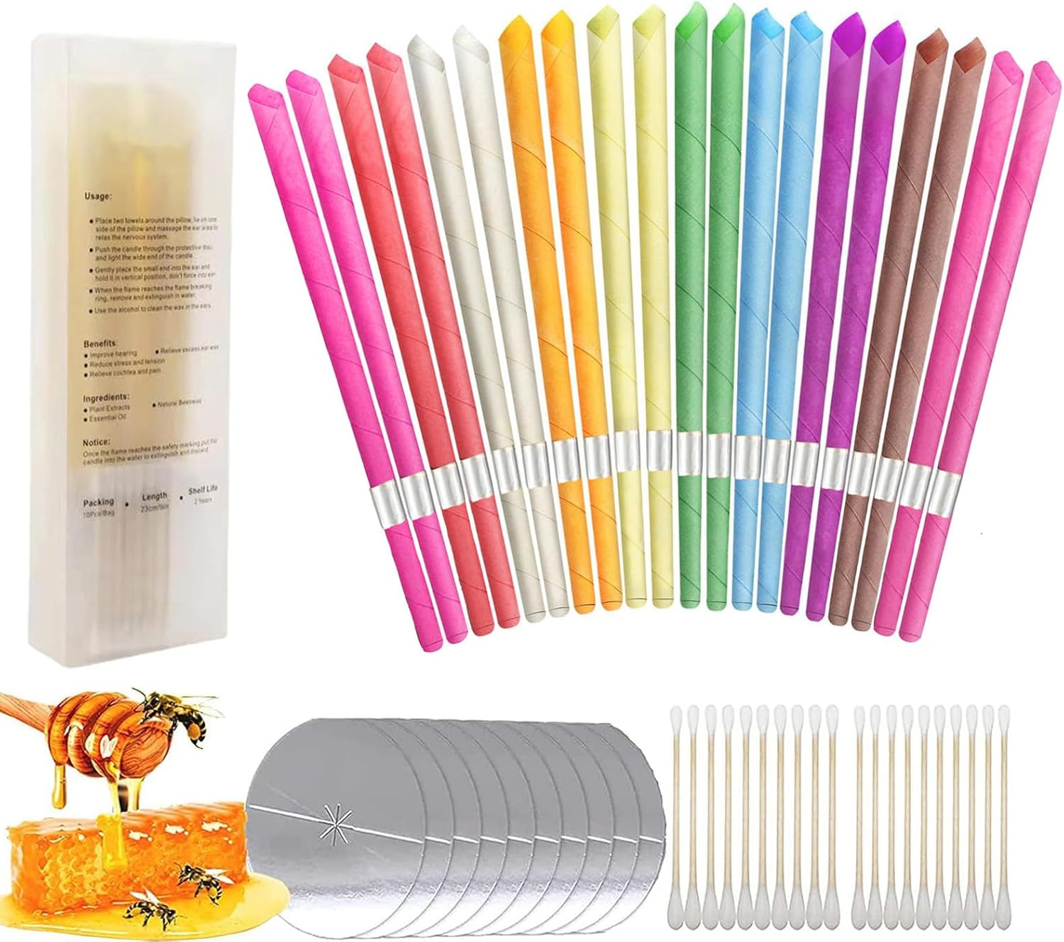 20 Pcs Ear Wax Cleaning Set Available in 10 Colors and Fragrances, Includes Cotton Swabs, Candle Drip Protector, Storage Box