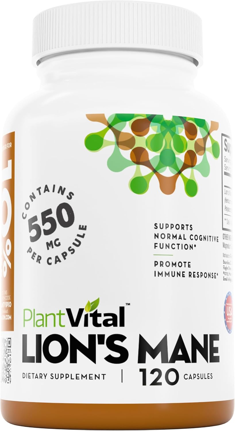 PlantVital Lions Mane Supplement - Organic Lion's Mane Mushroom Capsules - 1100 mg per serving (10:1 Extract) with 40% Polysaccharides - Immune System and Normal Brain Support Nootropic - 120 Capsules