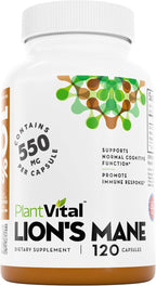 PlantVital Lions Mane Supplement - Organic Lion's Mane Mushroom Capsules - 1100 mg per serving (10:1 Extract) with 40% Polysaccharides - Immune System and Normal Brain Support Nootropic - 120 Capsules
