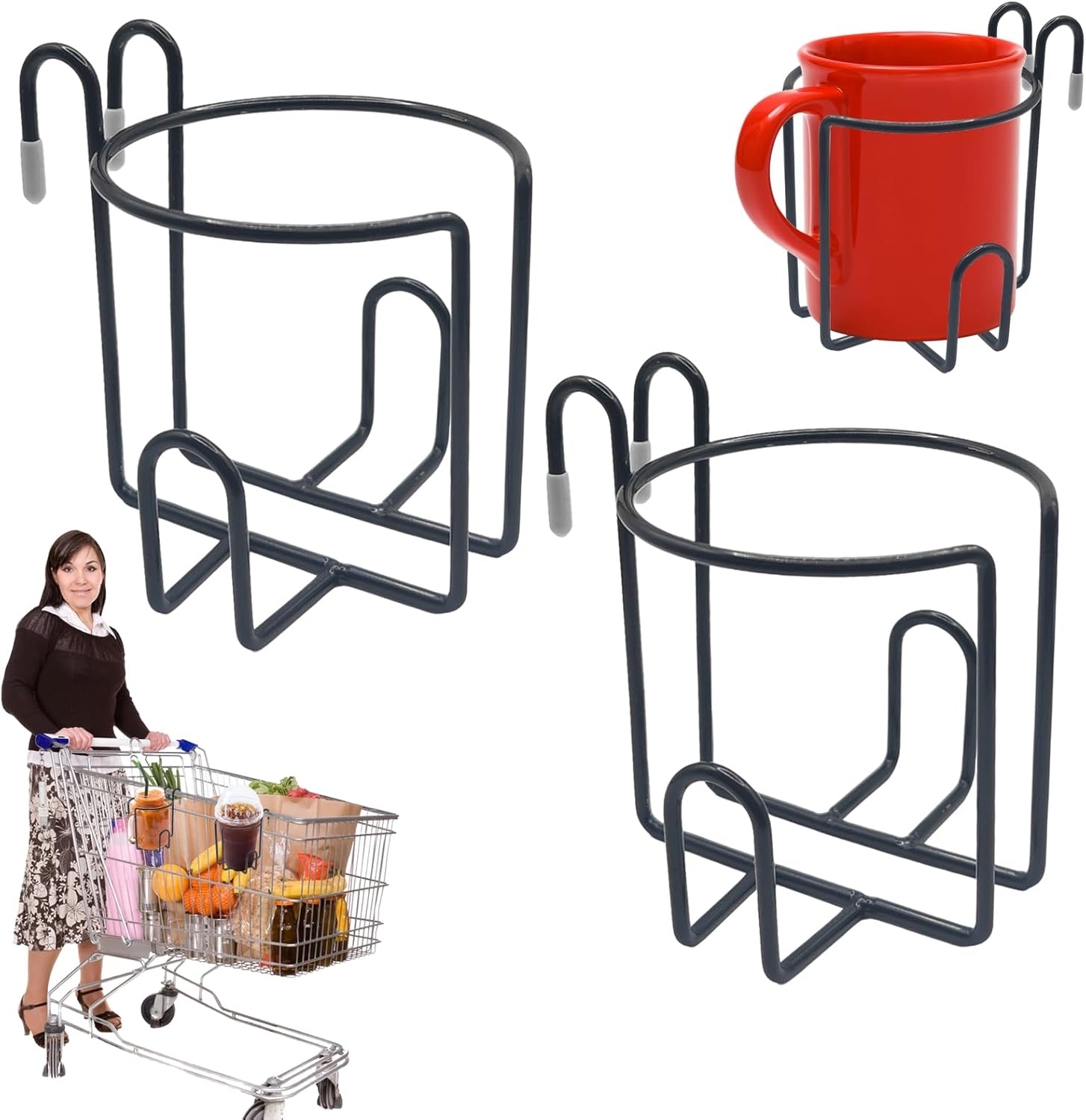 2 Pcs Updated Shopping Cart Cup Holders, Reusable Anti-Spill Hanging Drink Mounts Portable Coffee Bottle Metal Racks with Bottom Bar for Shopping Carts, Grocery Carts, RV Travel, Rolling Carts