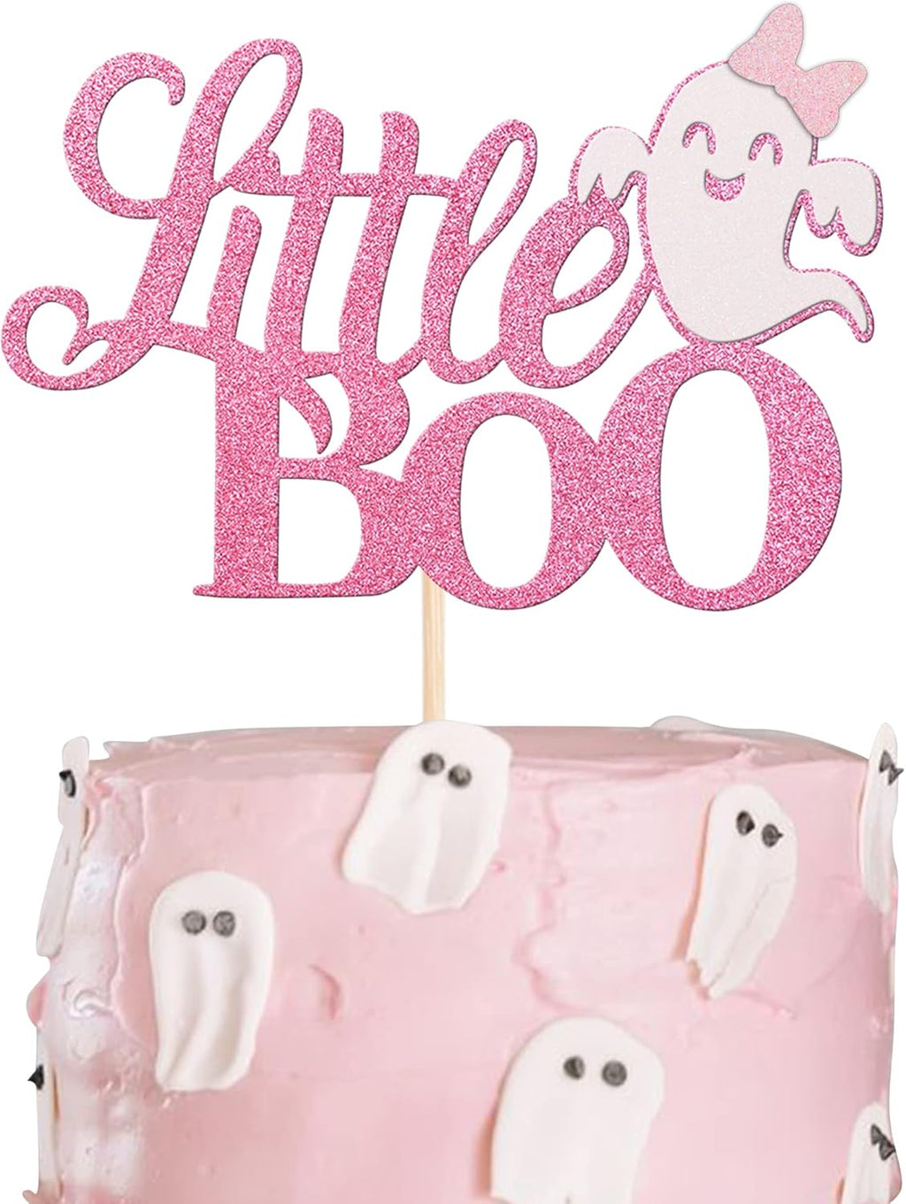 1 Pack Little Boo Halloween Cake Topper Glitter Happy Boo Day Ghost Cake Pick Baby Shower Birthday Happy Halloween Party Cupcake Decoration Supplies Pink