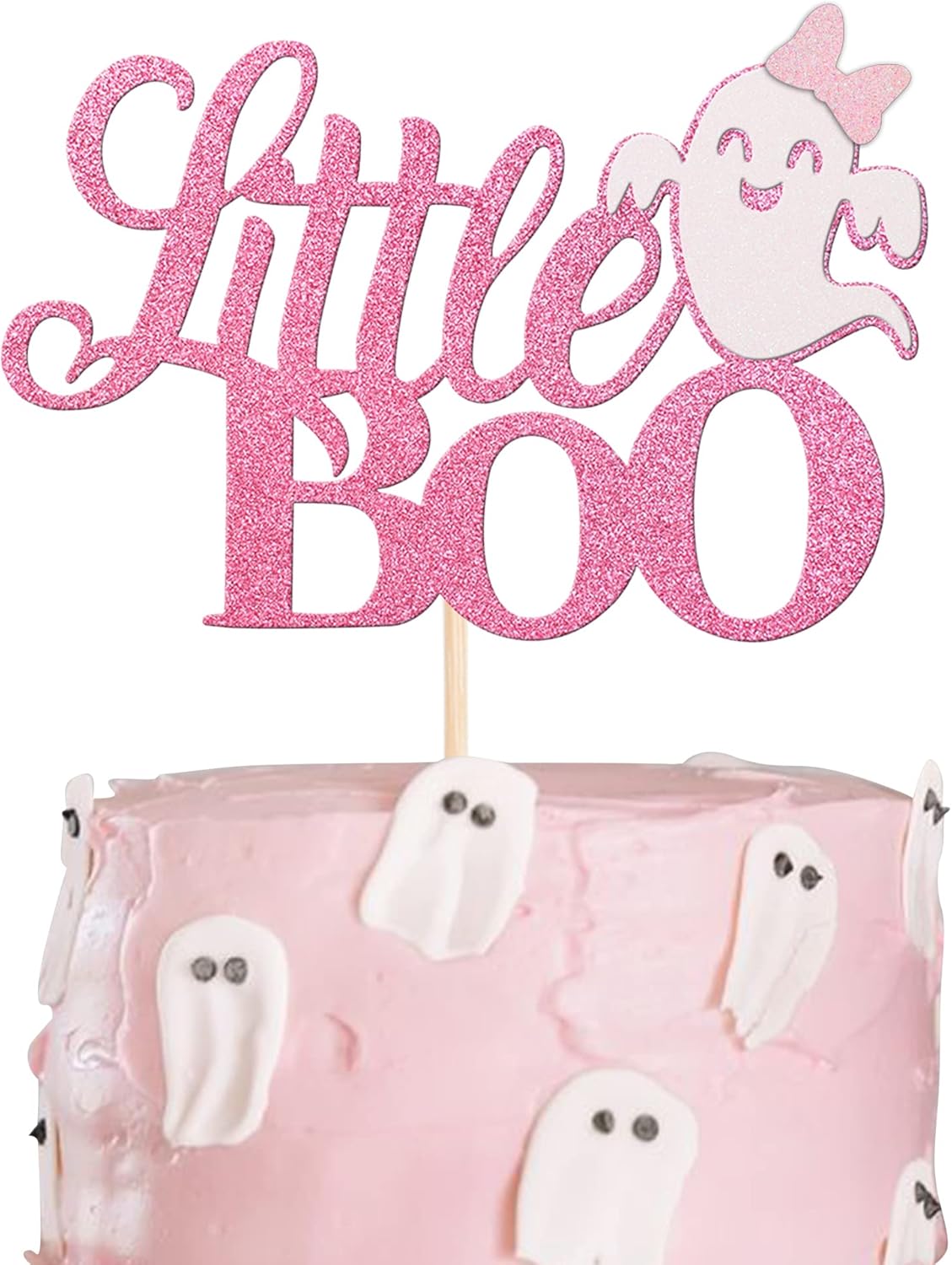 1 Pack Little Boo Halloween Cake Topper Glitter Happy Boo Day Ghost Cake Pick Baby Shower Birthday Happy Halloween Party Cupcake Decoration Supplies Pink