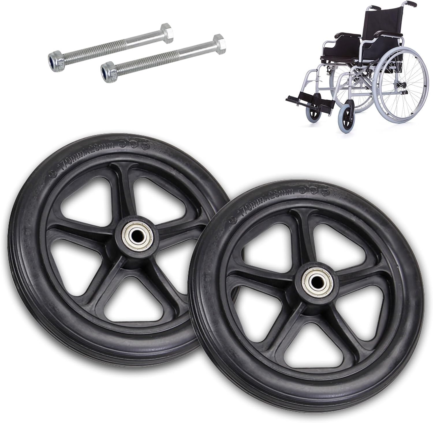 WORDFUN 2PCS Wheels Replacement for Wheelchairs, 6/7/8in Wheelchair Front Wheels, Wear-Resistant Non-Slip Durable Black Gray Solid Tire, for Wheelchairs, Rollators, Walkers