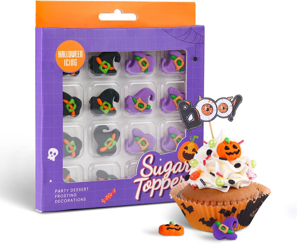 Edible Halloween Cake Decorations, 16 pcs Edible Witch Hats, Violet, and Black Witch Hats for Cupcakes Toppers, Cookies, Macarons, and Ice Cream