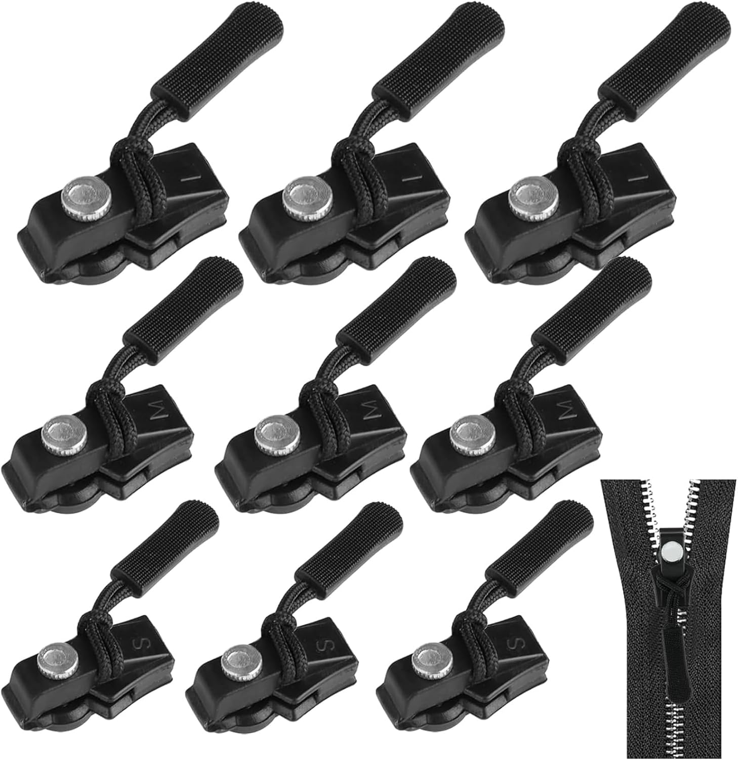 Universal Zipper Repairer,9pcs，Black Fix Zip Puller,Mini Adjustable Restorer,Zip Slider Repair Instant Kit,Zipper Repair Replacement Head for Coats, Jacket, Luggage