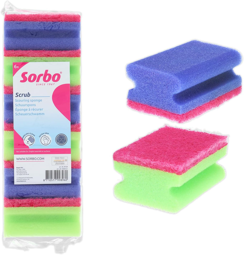 Sorbo Scouring Sponges, Non-Scratch Extra Grip and Super Absorbent Cleaning Scourers Ideal for Home and Kitchen Cleaning, Each Pack Includes 6 scourers in Assorted Colours