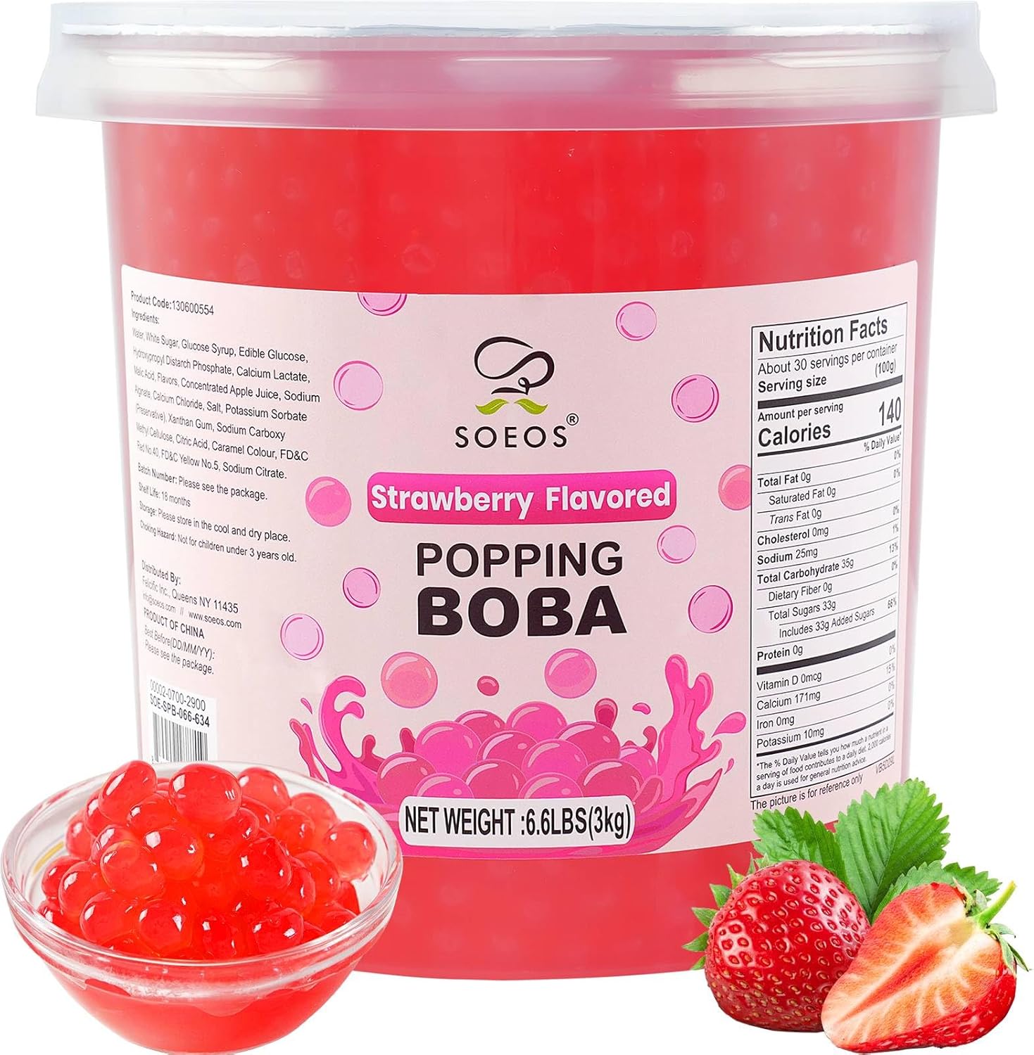 Soeos Strawberry Popping Boba Pearls 6.6 Pounds, Bursting Boba Pearls for Bubble Tea, Beverages, Shakes, Desserts, Smoothie and Ice Cream Topping, Vegan