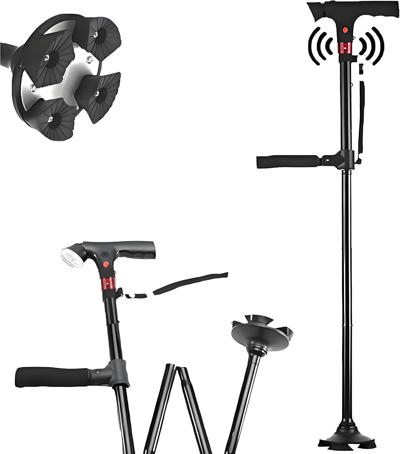 Walking Cane - Smart Cane with LED Light & Alarm, Foldable Adjustable, Double Handle, 4-Leg Base, Lightweight Mobility Aid for Seniors Balance, Men & Women, Travel-Friendly