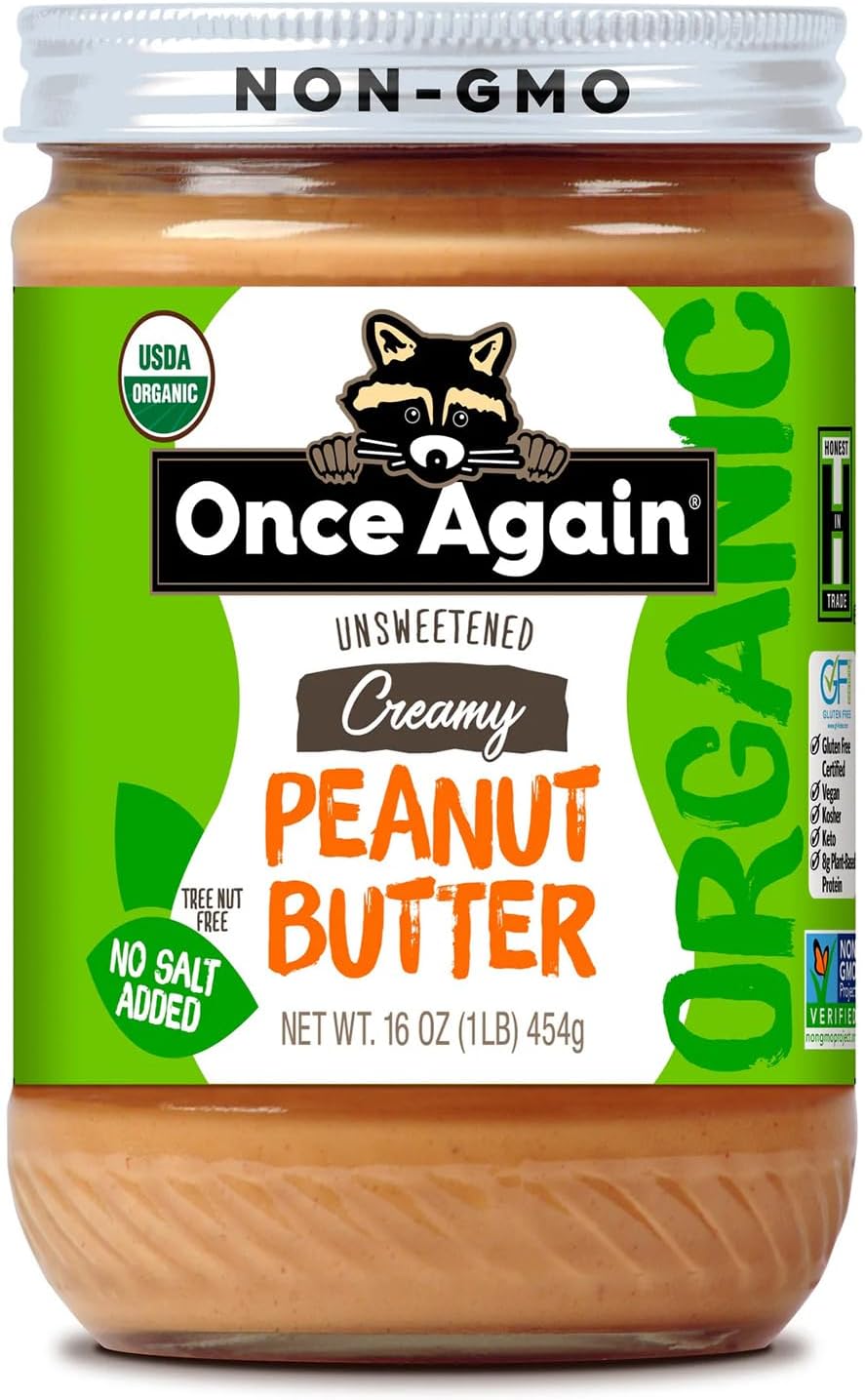 Once Again Organic Creamy Peanut Butter No Sugar Added - Single Ingredient, Unsalted, Natural Peanut Butter No Palm Oil - Glass Jar, Non-GMO, Gluten Free - Smooth and Unsweetened - 1 Jar (16 oz)