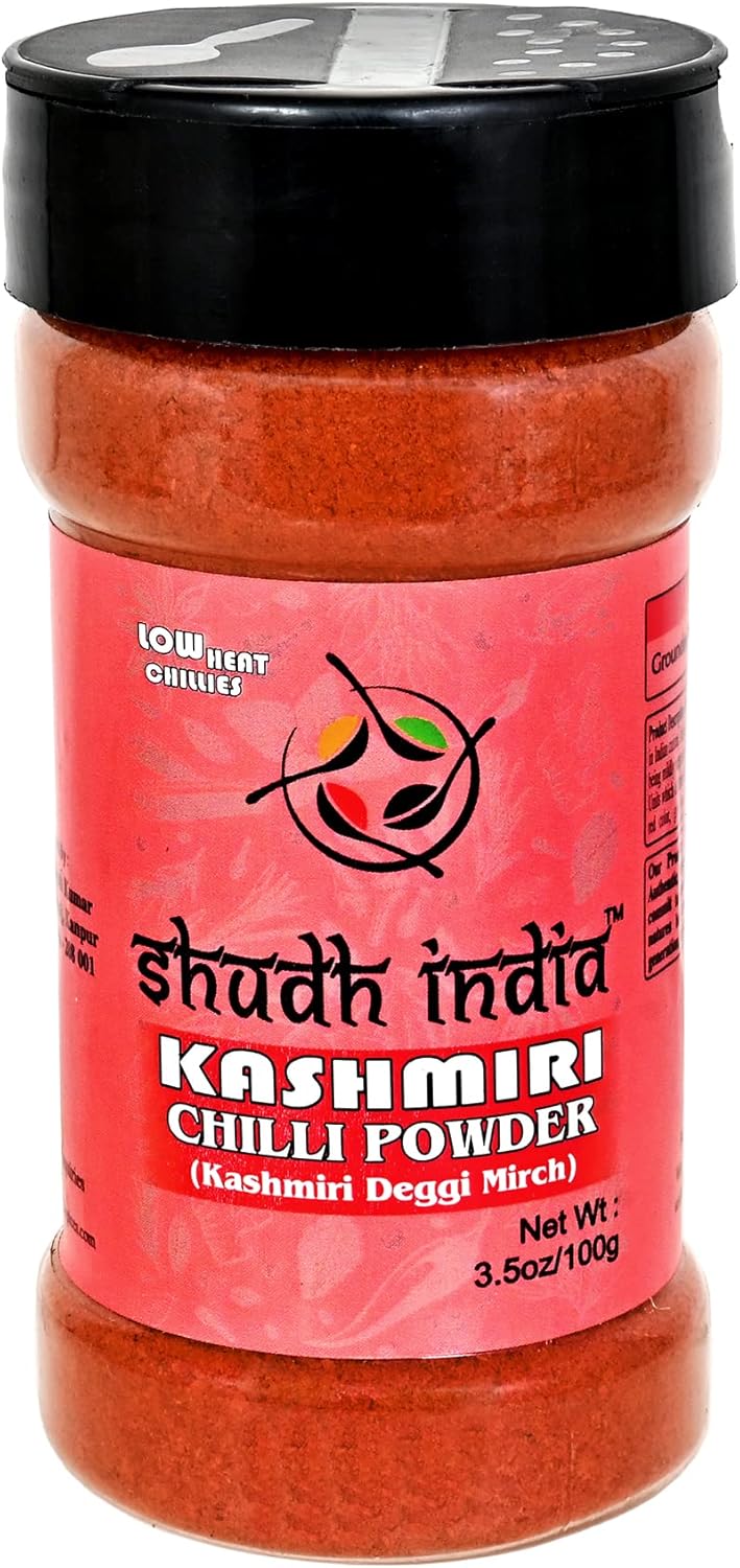 Shudh India Kashmiri Chili Powder (Deggi Mirch, Low Heat) 3.5oz (100g) Shaker Top PET Jar | Authentic Indian Spice | All Natural | Salt-Free | Vegan | Gluten Free | Indian Origin |