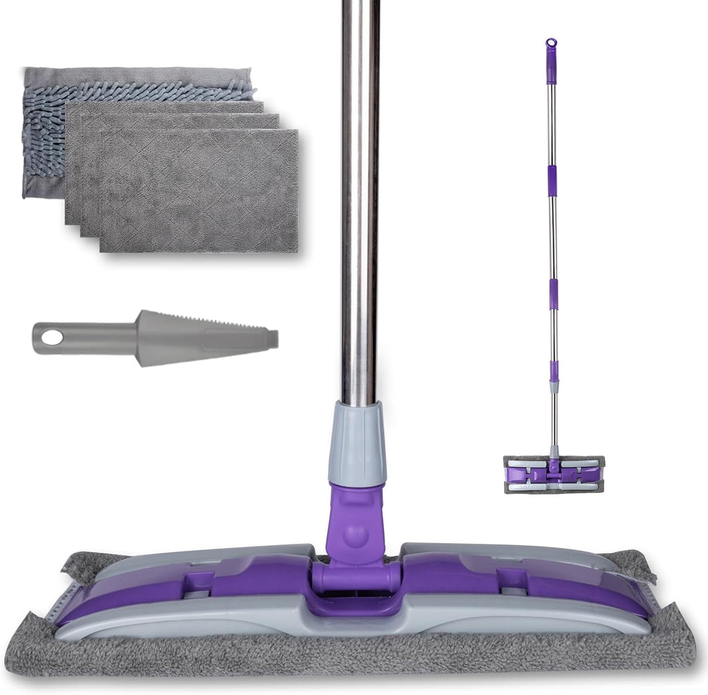 Microfiber Mops for Floor Cleaning ,Wet Dry Flat Mop with Stainless Steel Telescopic Handle,4 Reusable Mop Pads , Dust Mop for Hardwood Floors ,Home,Laminate,Tile,Hardwoods Cleaning (Purple)
