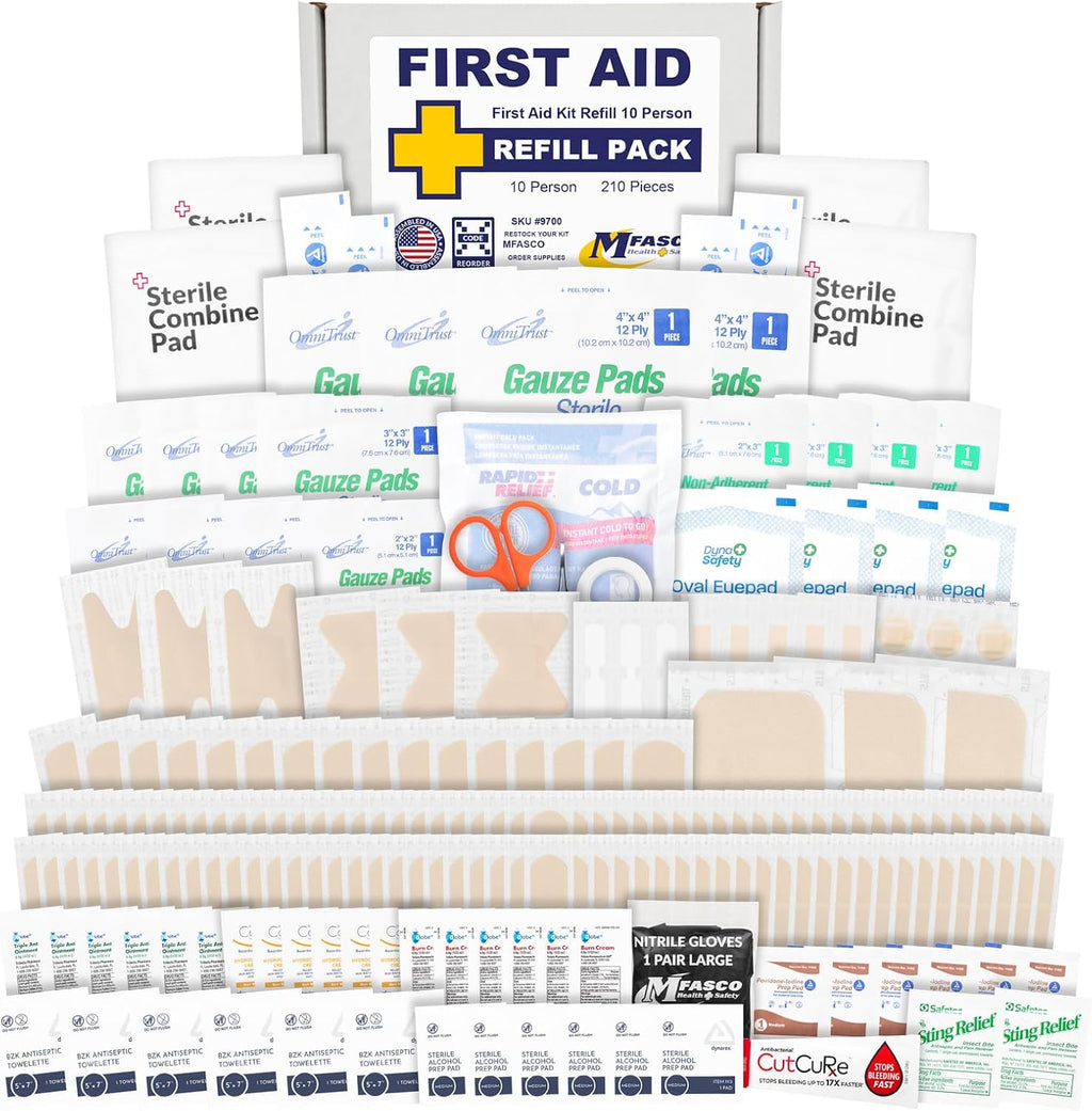 MFASCO First Aid Kit Refill Pack - Complete 200+ Items for Small to Medium Boxes - Bandages, Gauze, Antiseptics - Quality Supplies - Assembled in USA - Compact, 2 Pounds - 10 x 7 x 3 inches