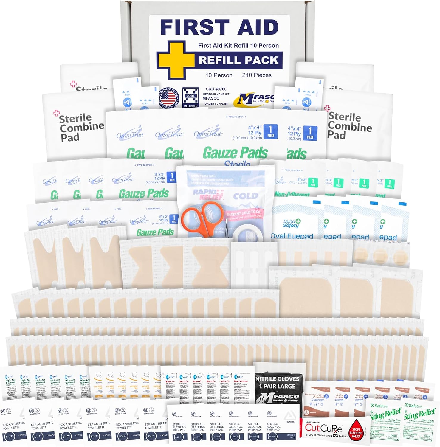 MFASCO First Aid Kit Refill Pack - Complete 200+ Items for Small to Medium Boxes - Bandages, Gauze, Antiseptics - Quality Supplies - Assembled in USA - Compact, 2 Pounds - 10 x 7 x 3 inches