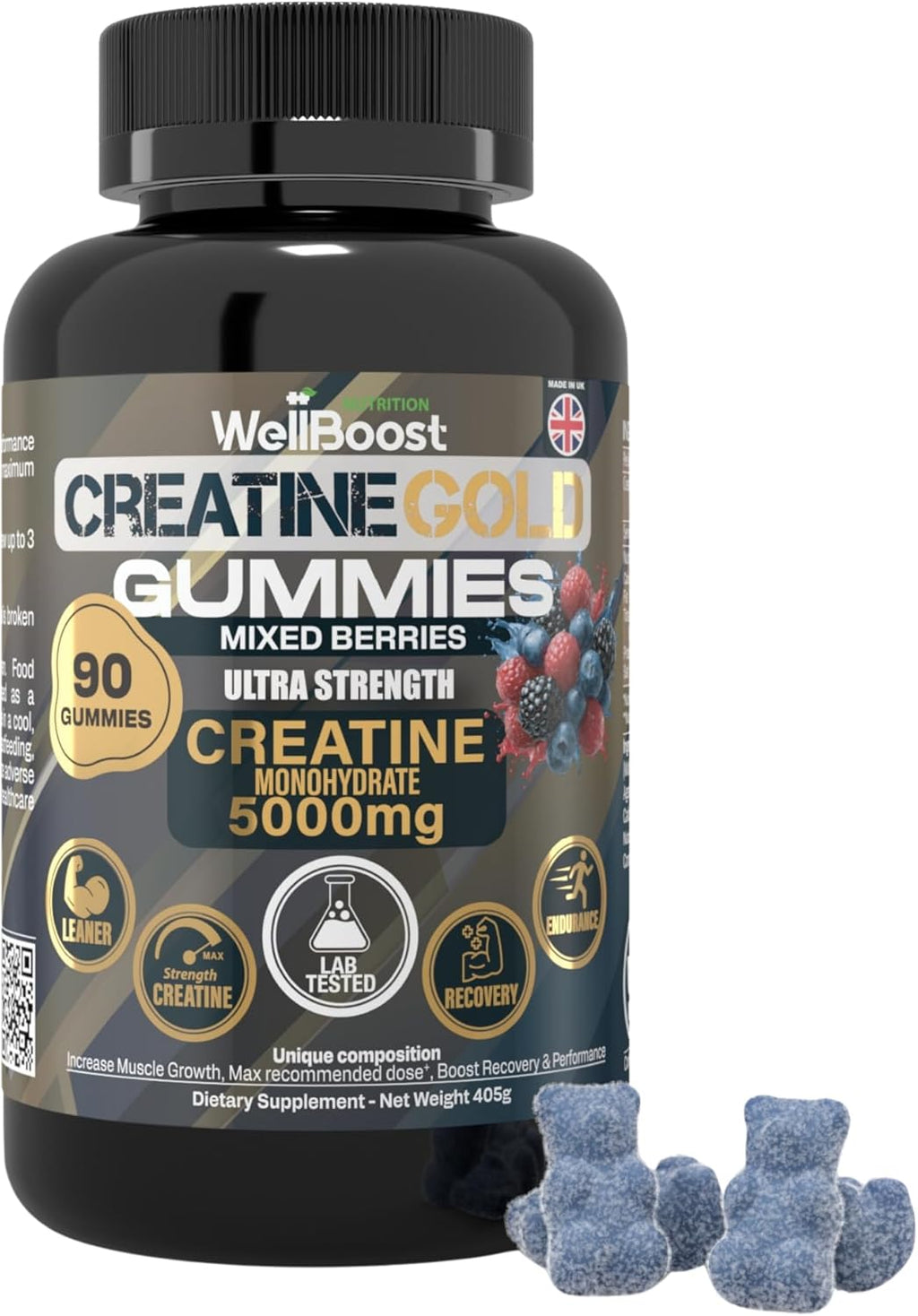 Creatine Gold – 5000mg Creatine Monohydrate, Vegan, Sugar-Free Gummies for Lean Muscle Growth, Endurance, Recovery & Energy (1 Month Supply) with Mixed Berry Flavour.