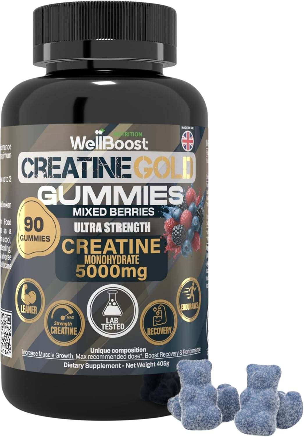 Creatine Gold – 5000mg Creatine Monohydrate, Vegan, Sugar-Free Gummies for Lean Muscle Growth, Endurance, Recovery & Energy (1 Month Supply) with Mixed Berry Flavour.