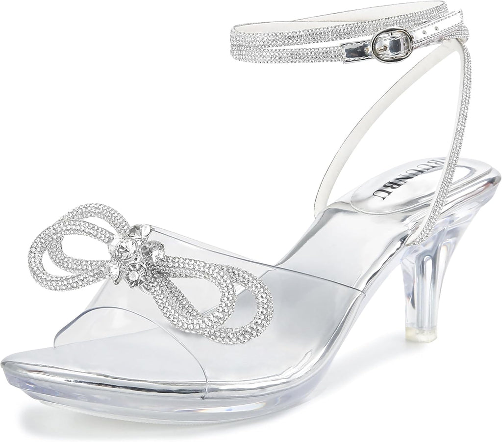 NBUUNBU Rhinestone Bowknot Strappy Clear Heels for Women - Ankle Strap Platform Sandals With Transparent High Heel - Sexy Crystal Slingback Stiletto Open Toe Comfy Party Wedding Shoes Mules Pump