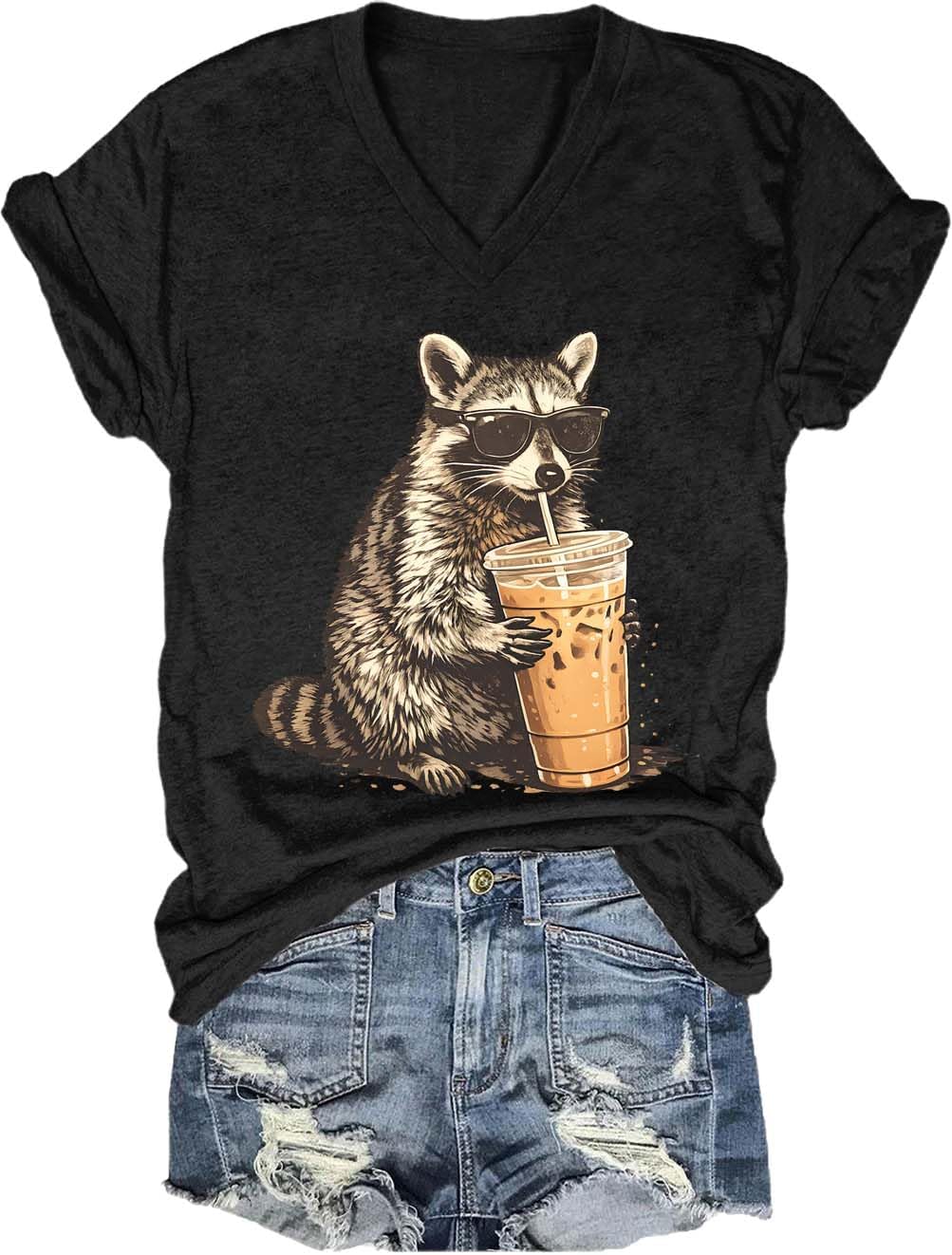 Raccoon Drinking Iced Coffee Shirt, Funny Cute Raccoon Drinking Iced Coffee V-Neck Tshirt for Women Men