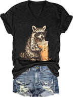 Raccoon Drinking Iced Coffee Shirt, Funny Cute Raccoon Drinking Iced Coffee V-Neck Tshirt for Women Men
