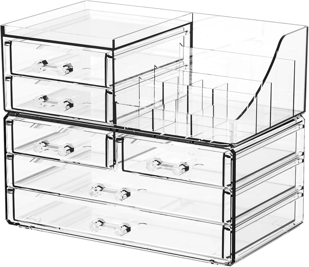 SUOXING Clear Acrylic Makeup Organizer for Vanity,Bathroom,Dresser,6 Drawer Cute Make up Organizers for Counter,Plastic Countertop Makeup Storage for Beauty,Jewelry,Brush,Cosmetic,Skin Care Organizer