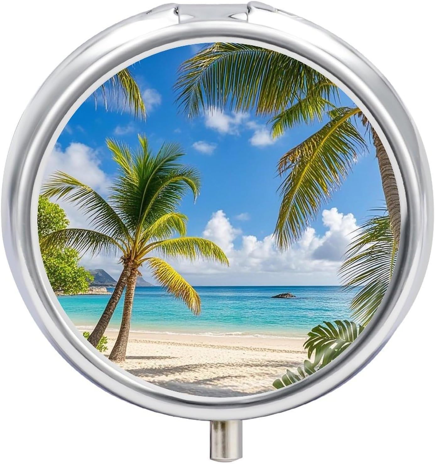 Tropical Palm Tree Hawaii Beach Round Pill Box Cute Small Fish Oil Cases Portable 3 Compartment Pill Boxes Round Pill Case with Mirror for Vitamins Medication Supplements Gift