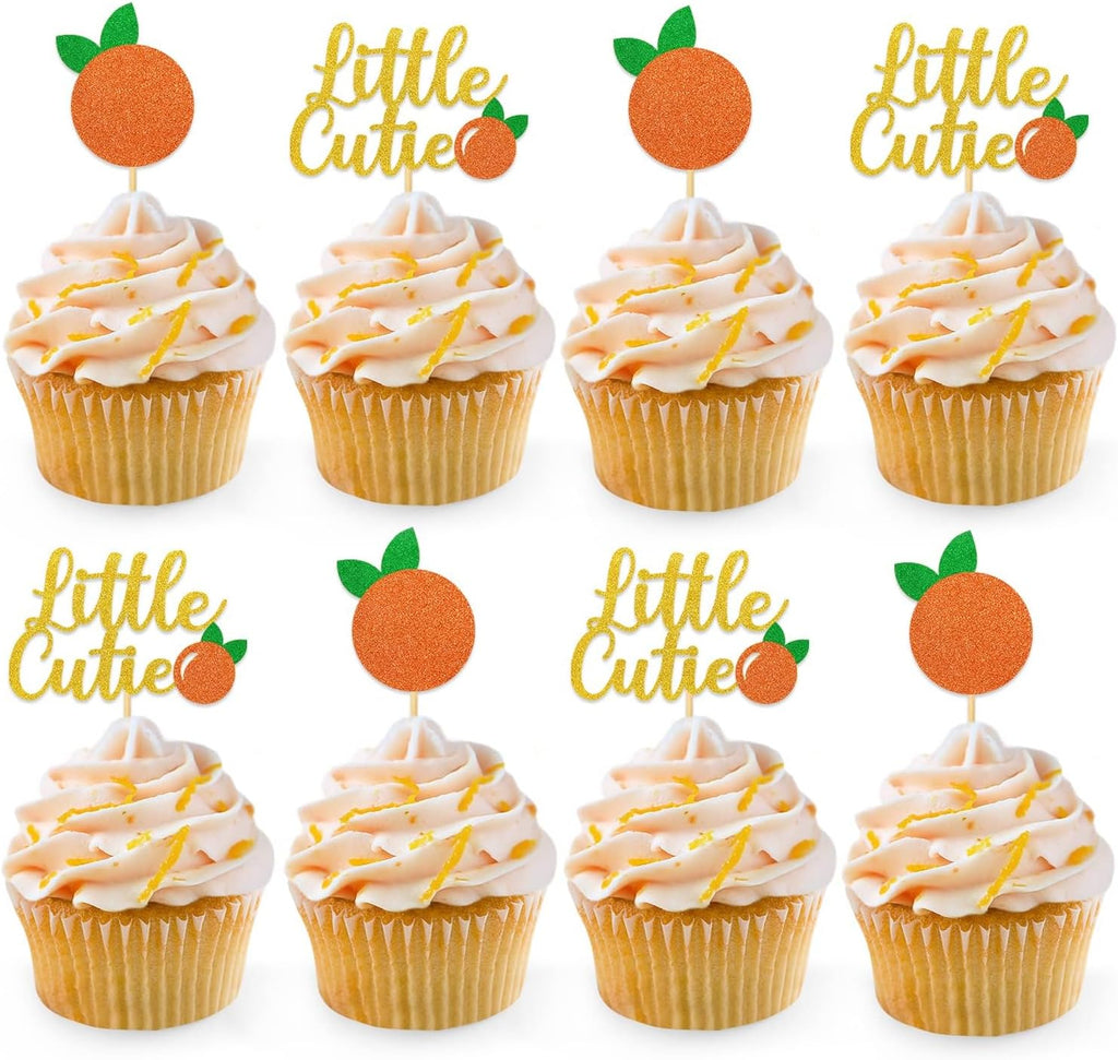 24pcs Little Cutie Baby Shower Decorations Orange Cupcake Toppers Glitter Cupcake Picks Clementine Themed Party Favor Birthday Supplies