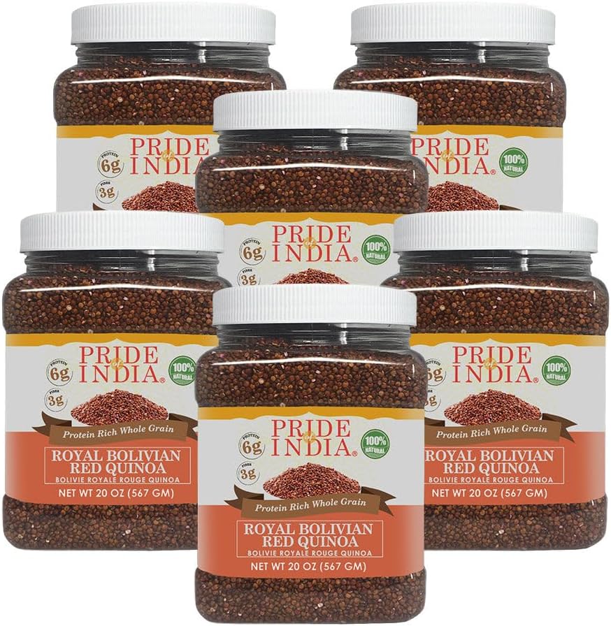 Pride Of India - PACK of 6 - Natural Red Royal Quinoa - 100% Bolivian Superior Grade Protein Rich Whole Grain, 1.25 Pound (20oz) Jar
