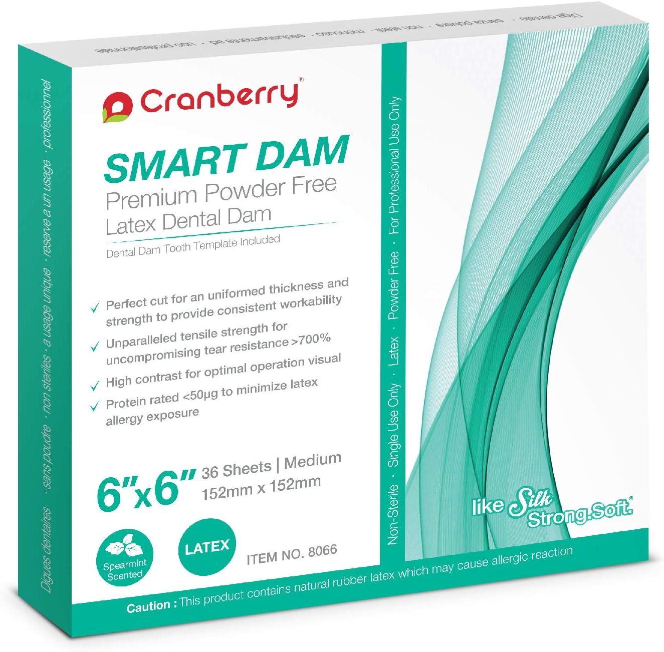 Cranberry USA CR8066 Smart Dam, Latex Powder-Free, Spearmint Scented, 6x6, Green, Pack of 36