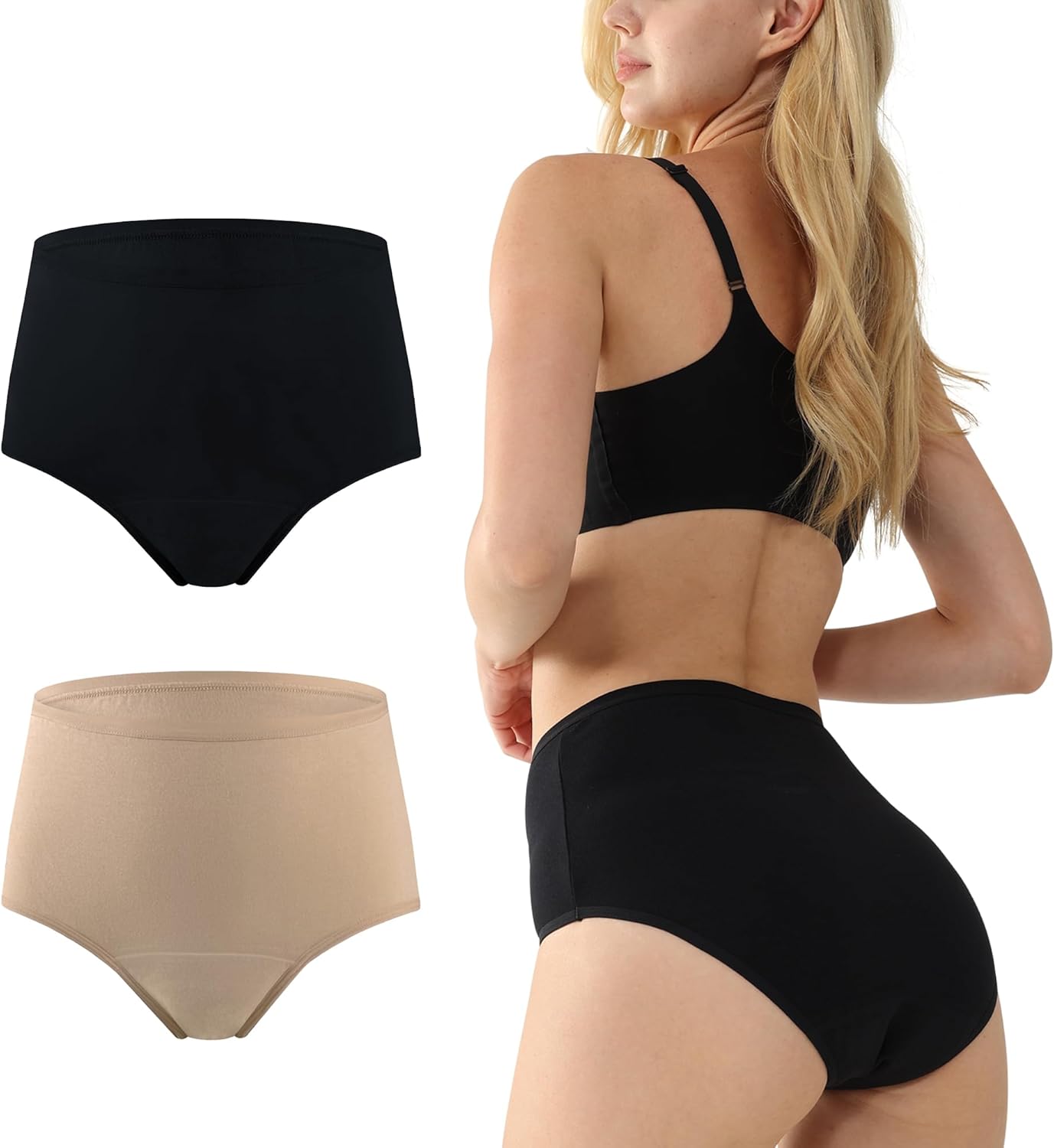 BATTEWA Underwear for Women Leakproof Urine,High Waisted Washable Asorbency Incontinence Underwear Providing 50ml Bladder Leak Protection. (Black-Beige,Large)
