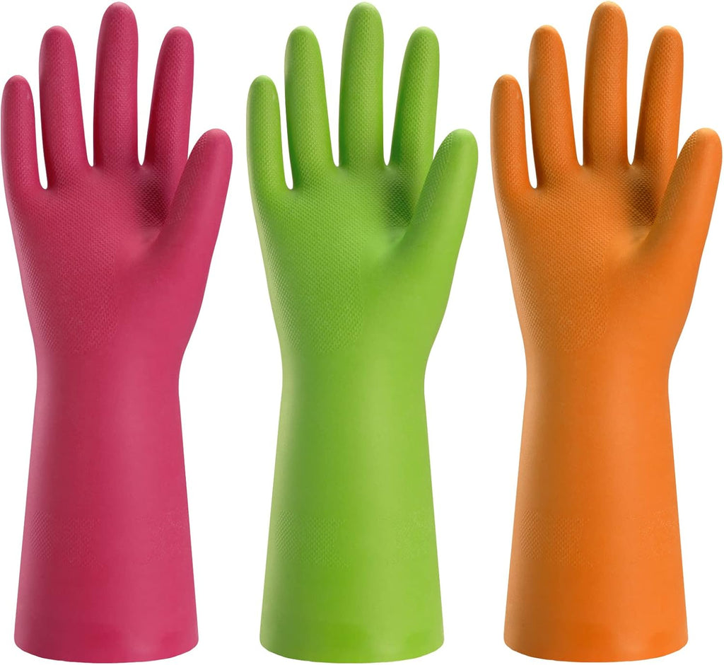 Bamllum 3 Pairs Rubber Cleaning Gloves for Household - Reusable Dishwashing Gloves for Kitchen, Flexible Long-lasting & Waterproof (Small, Green+Red+Orange)