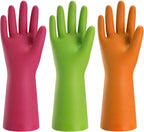 Bamllum 3 Pairs Rubber Cleaning Gloves for Household - Reusable Dishwashing Gloves for Kitchen, Flexible Long-lasting & Waterproof (Small, Green+Red+Orange)