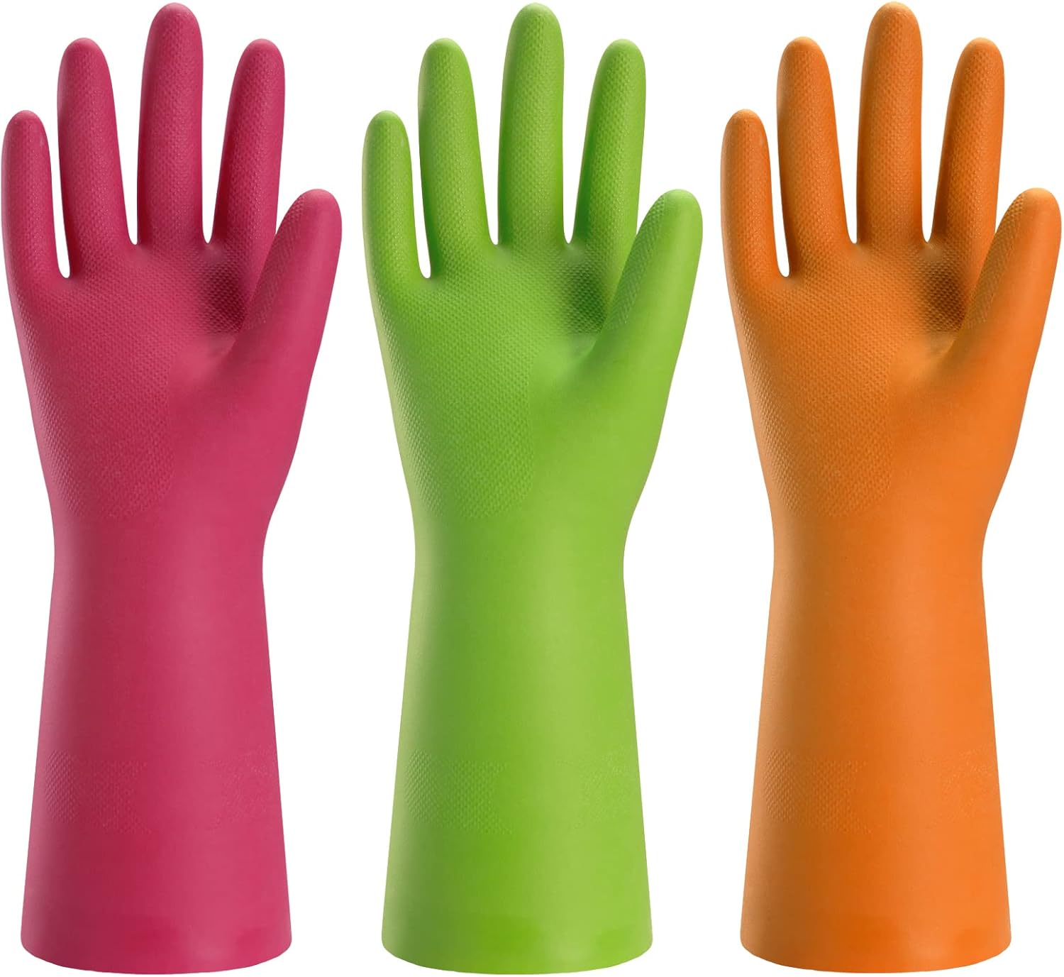 Bamllum 3 Pairs Rubber Cleaning Gloves for Household - Reusable Dishwashing Gloves for Kitchen, Flexible Long-lasting & Waterproof (Small, Green+Red+Orange)