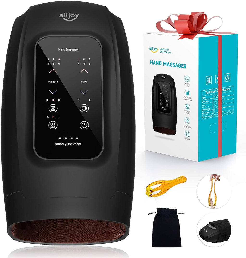 ALLJOY Hand Massager for Arthritis and Carpal Tunnel Relief, Touchscreen Cordless Hand Massager with Vibration and Heat, 6 Levels Pressure Point Therapy, Mothers Day Gifts for Women/Men