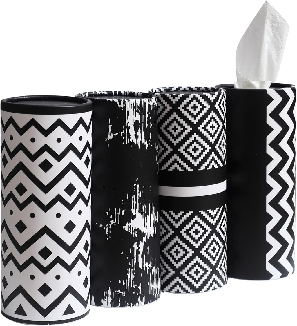 Winoo Design Small Car Tissues Holder - 4PK Modern Black Plastic & Resin Facial Tissues Cylinder - Fits Most Car Cup Holders - Travel Tissue Tubes Box Container