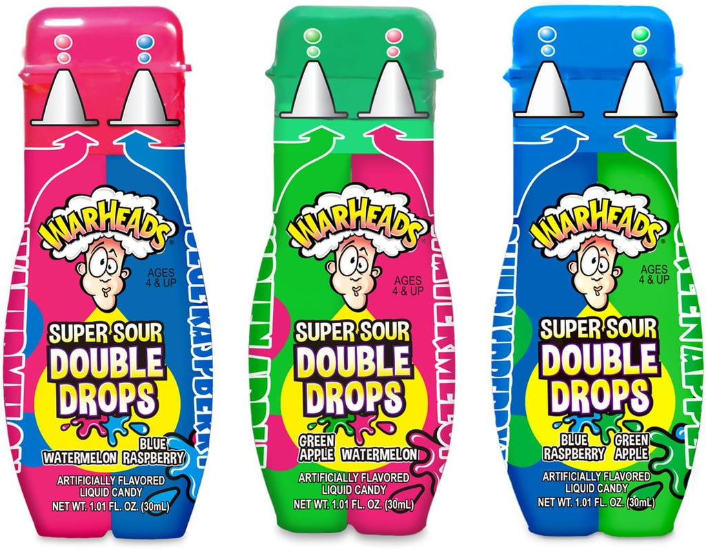 WARHEADS Super Sour Double Drops - Liquid Sour Candy - Blue Raspberry, Green Apple and Watermelon Assorted Flavors - 1.01 oz. Bottles - 3 Pack