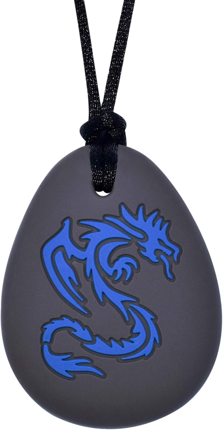 Munchables Dragon Sensory Chew Necklace for Adults or Kids - Chewy Fidget Stim Toy Jewelry for Boys and Girls (Navy/Black)